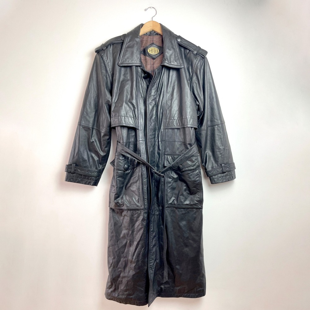 Vintage Long Black Leather Trench Coat Belted Large Matrix Moto Full Length